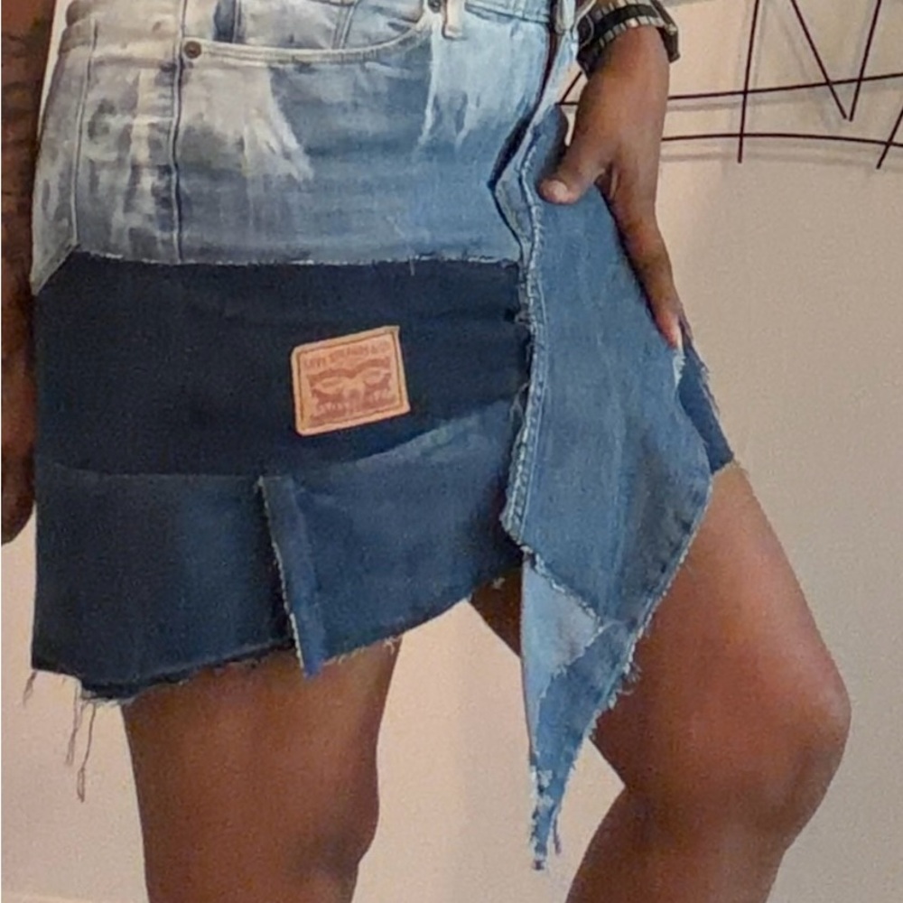 Custom Levi Patchwork Distressed Denim Mini Skirt - Blue - Picture 3 of 6